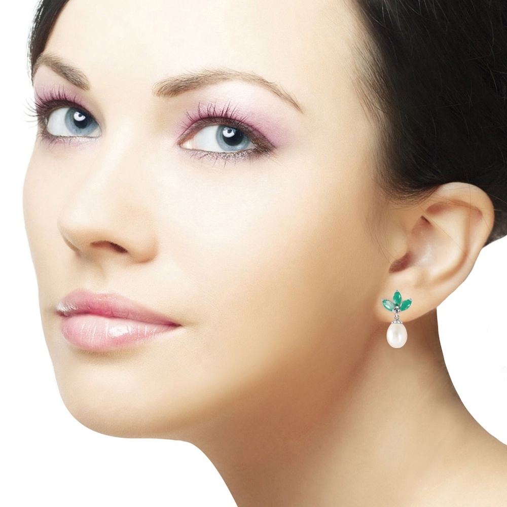 GOLD DANGLING EARRING WITH PEARLS & EMERALD - Picture 3 of 6